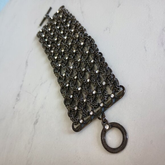 Crocheted Chain Bracelet Gunmetal Finish and Rhinestones with Toggle Clasp - Picture 2 of 4
